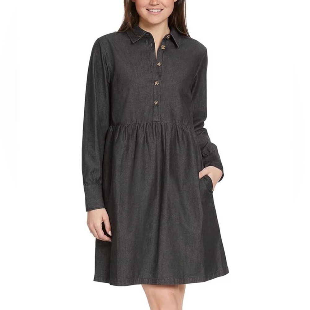 Nine West Black Denim Button Front Baby Doll Style Long Sleeve Dress Medium